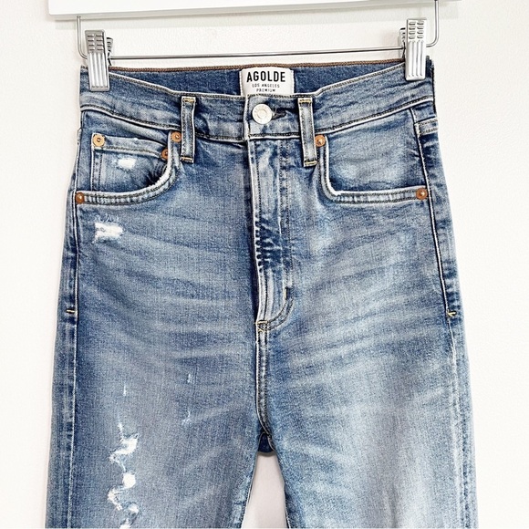 AGOLDE Ruby Super High Rise Slim Straight Jeans Two Tone Distressed 24 - Picture 3 of 8